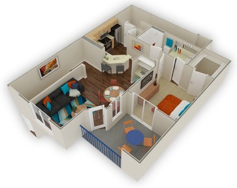 Floor plan for 1 bed, 1 bath, 877 sqft